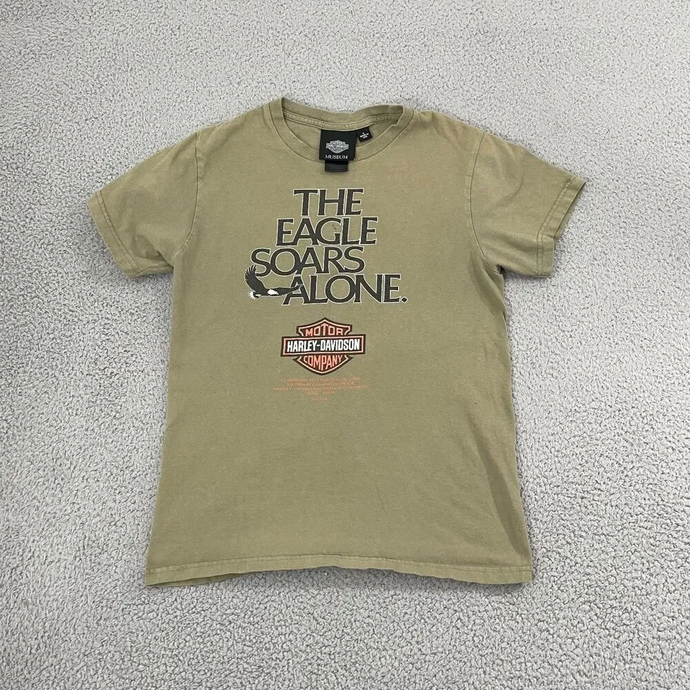 The Eagle Soars Alone Harley Davidson Museum Shirt S Olive Biker Short Sleeve